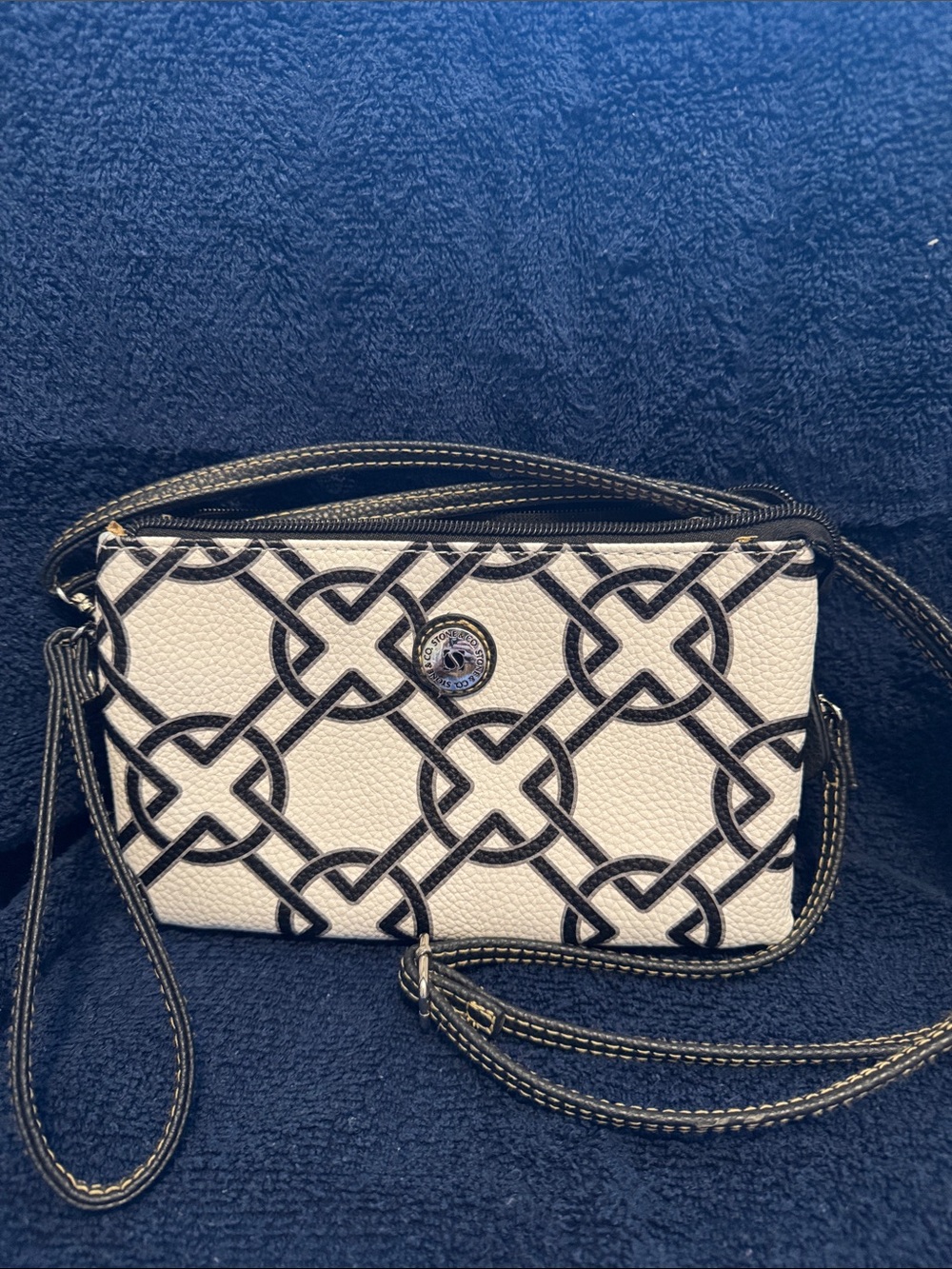 White & Black Patterned Crossbody Bag with Logo Medallion